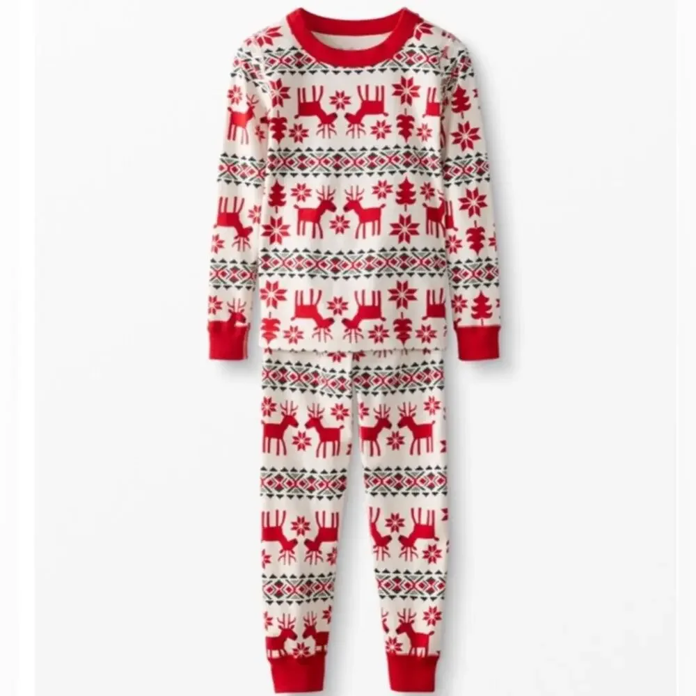 Hanna Andersson Dear Deer Long John Pajama Set Red Ivory Cream Winter Christmas